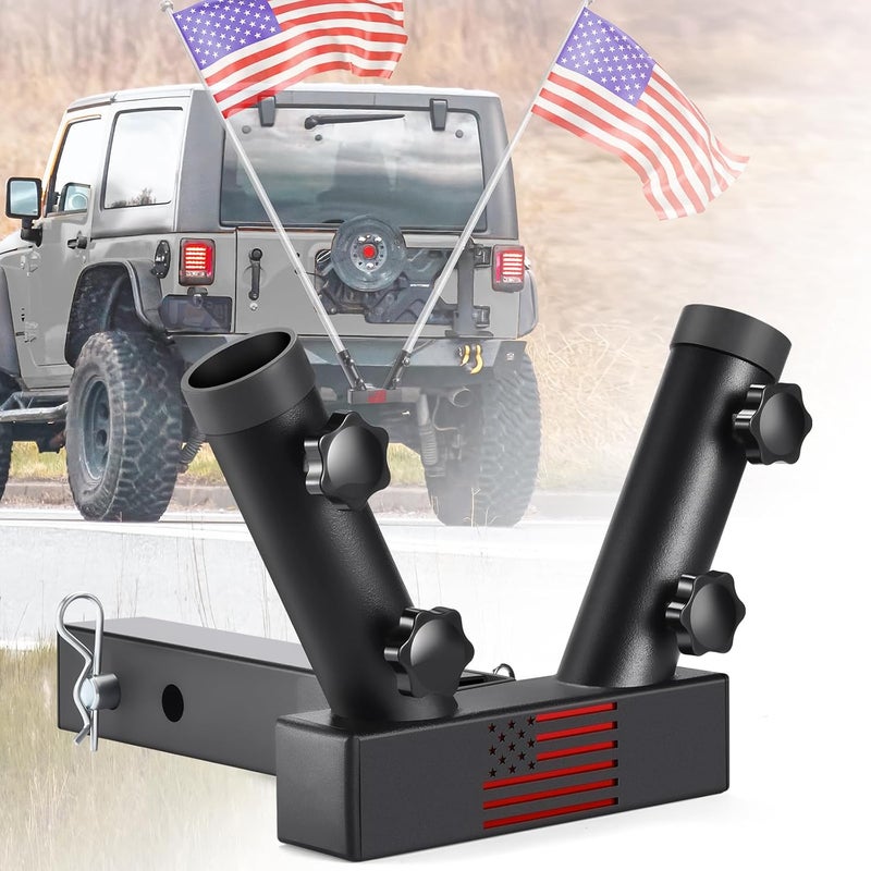 GADFISH Trailer Hitch Flagpole Mount, 2 Mounting Options US Flag Hitch Mount, Universal Flag Hitch Mount for All 2" Receiver, Trailer Hitch Flag Pole Holder for Driving, Black (for 2 Flagpoles) - Image 1